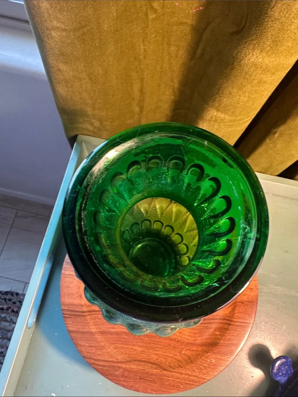 VTG Green Pressed Glass Beaded Vase 10 1/2” High